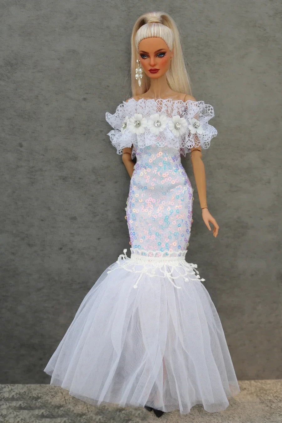 Handmade 1/6 Doll Dress – White & Pink Lace Ballet Evening Gown for Xinyi FR ST BB Dolls