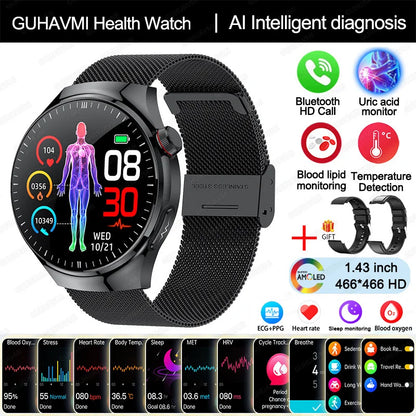 2025 Nursing-Grade Smartwatch — Blood Oxygen, Lipid, Uric Acid, ECG+PPG, Body Temperature & Bluetooth Call Health Tracker