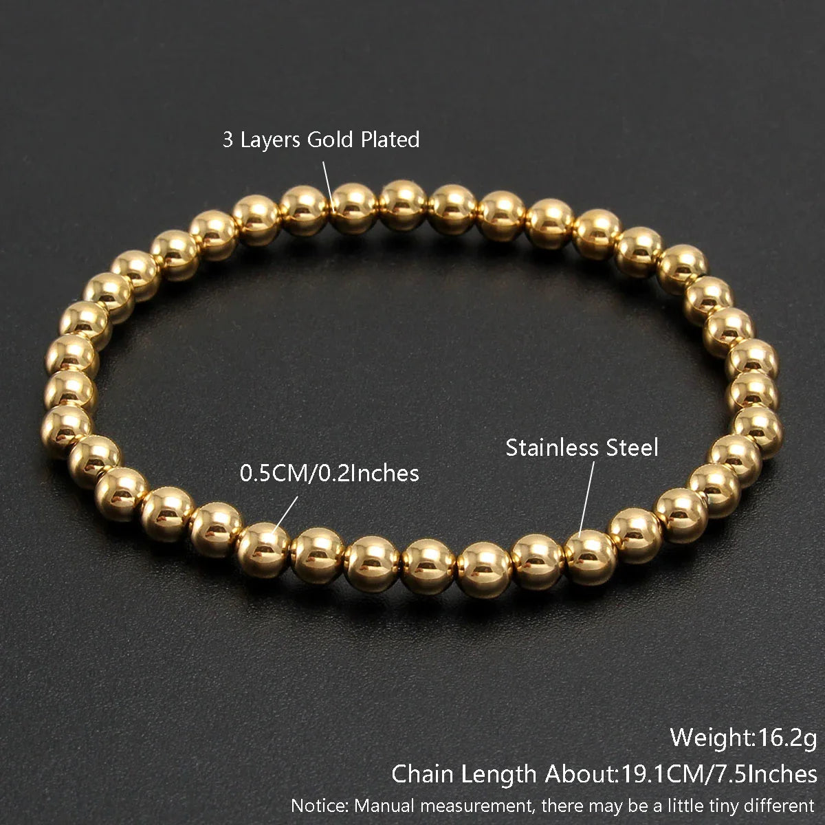 MHS.SUN Trendy Stainless Steel Stretch Bracelet — Gold & Silver Beaded 2mm/5mm/8mm for Men & Women