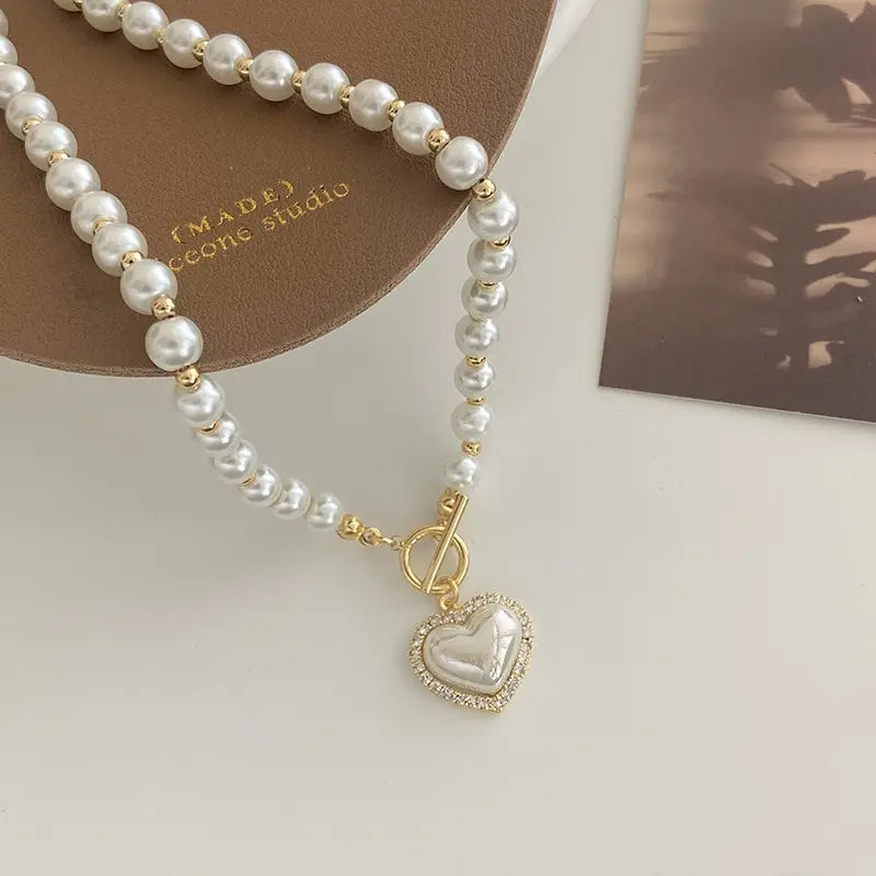 Elegant Pearl Necklace for Women – Heart Pendant Luxury Imitation Pearls Chain, Korean Jewelry Gift for Girls