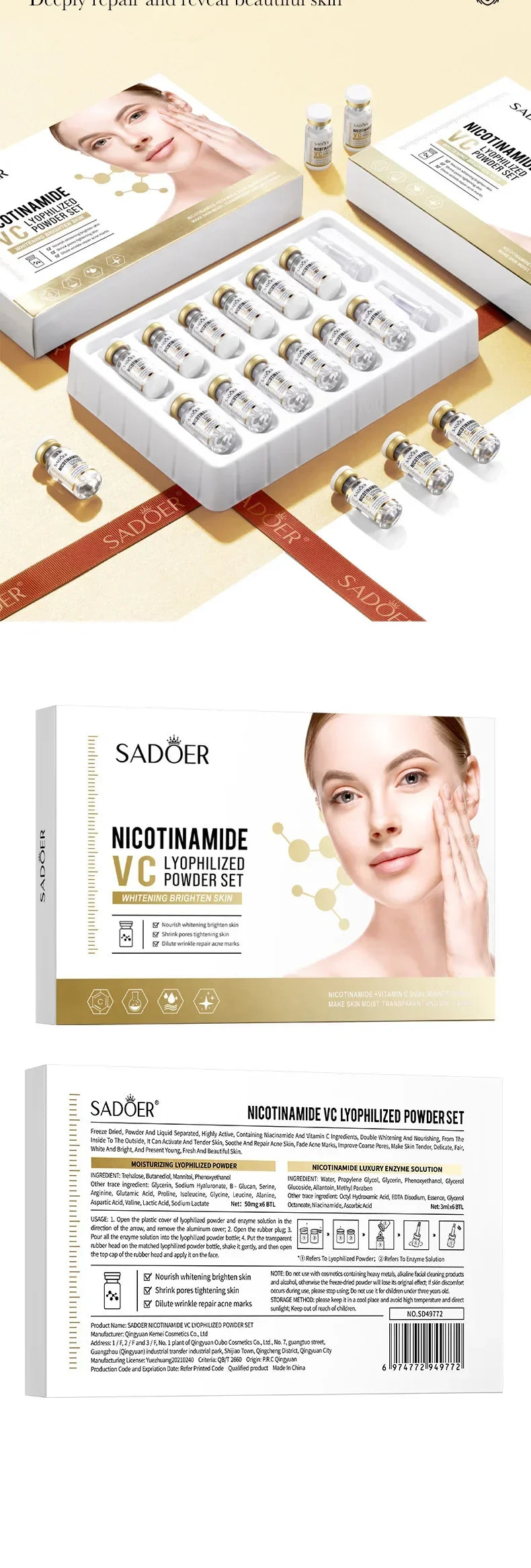 Niacinamide Face Serum Powder Set – Whitening, Hydrating, Anti-Aging, Anti-Wrinkle Skin Care with Pore-Reducing Effect