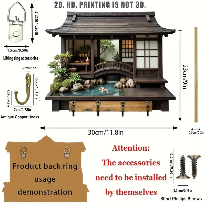 2D Retro Japanese-Style Wooden Key Hook – Multi-Functional Wall Key Holder for Home, Porch & Kitchen Storage