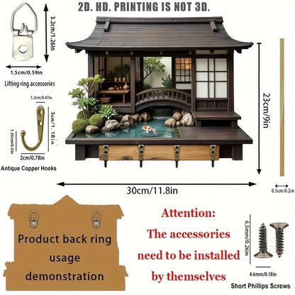 2D Retro Japanese-Style Wooden Key Hook – Multi-Functional Wall Key Holder for Home, Porch & Kitchen Storage
