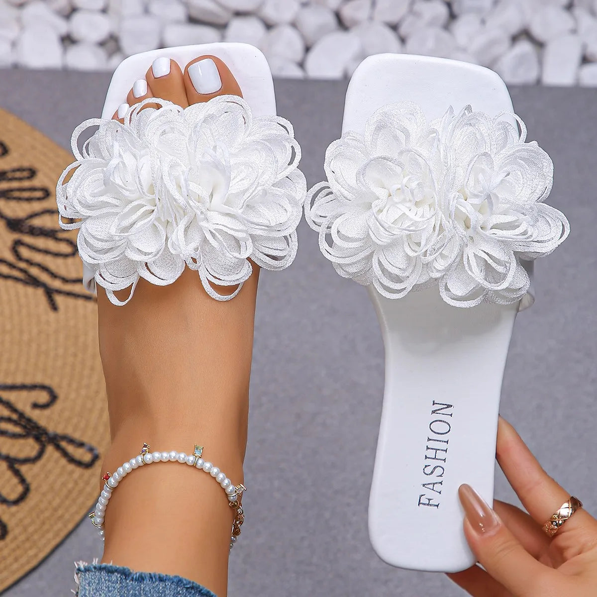 Women’s Crochet Flower Slide Sandals - Colorful Floral Slip-On Mules for Summer