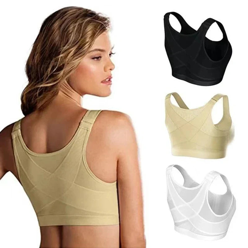 S-5XL Front Closure Posture Corrector Bra – Lift-Up Push-Up Sports Bra with Cross Back for Women, Shockproof Support