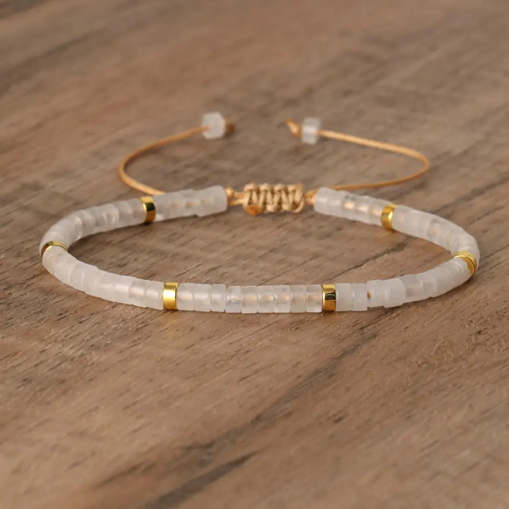 Natural Blue Emperor Stone Beaded Bracelet – Polished Block Beads, Adjustable Woven Rope Women’s Gift Jewelry