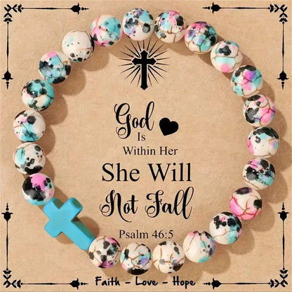 Jesus Cross Beaded Bracelet - Colorful Stone Faith Jewelry for Women, Meditation & Baptism Gifts