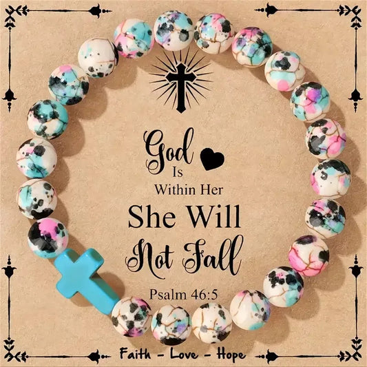 Jesus Cross Beaded Bracelet - Colorful Stone Faith Jewelry for Women, Meditation & Baptism Gifts