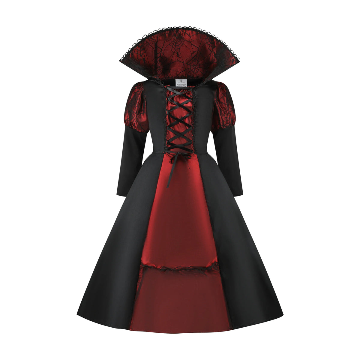 Girls Vampire Queen Costume - Black & Red Vintage Long Dress with Collar for Halloween & Cosplay
