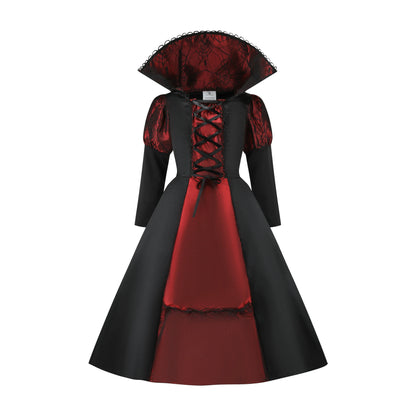 Girls Vampire Queen Costume - Black & Red Vintage Long Dress with Collar for Halloween & Cosplay
