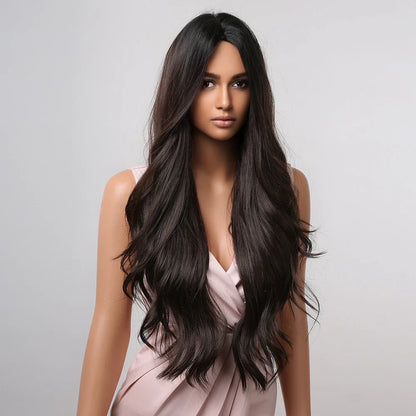 ALAN EATON Black Long Wavy Synthetic Wig – Natural Afro Hair, Middle Part, Heat-Resistant Fiber for Daily Use