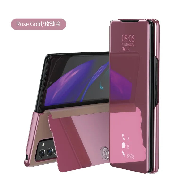Smart Flip Case for Samsung Galaxy Z Fold – PU Leather Mirror Plating Kickstand Cover, Shockproof Funda for Fold 2/3/4/5/6 & W21/W22 5G