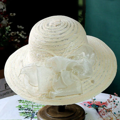 Women’s Elegant Mesh Sun Hat – Pearl Flower Foldable Beach Hat with Large Brim, Lace & Breathable Design for Spring and Summer