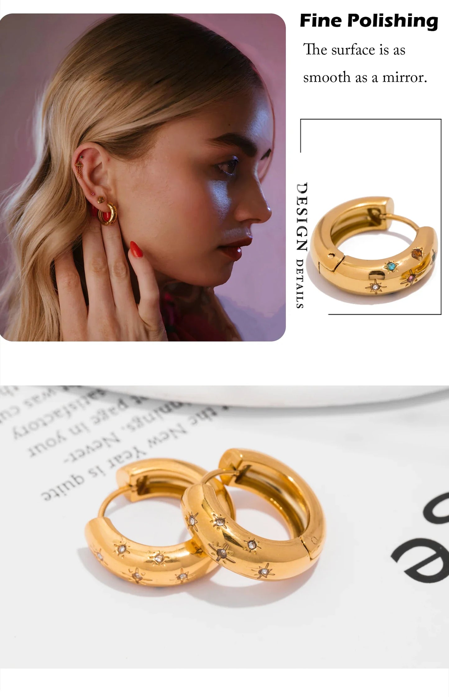 UHBINYCA Classic Zircon Inlaid Hoop Earrings — 18K Gold-Plated Stainless Steel, Elegant Jewelry for Women