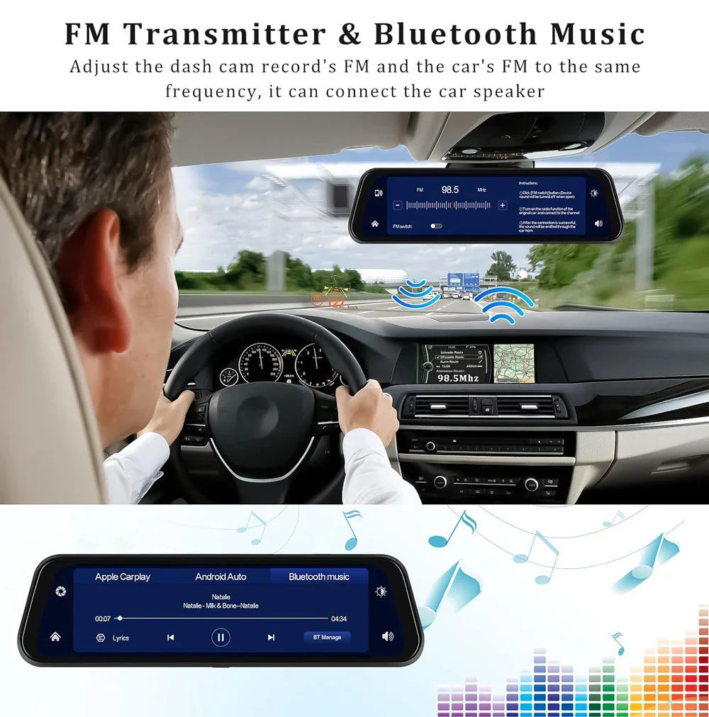 10" 4K Dash Cam Car DVR – 3840x2160P, CarPlay, Android Auto, GPS, 5G WiFi, AUX, Rearview Mirror Dash Camera, FM Recorder