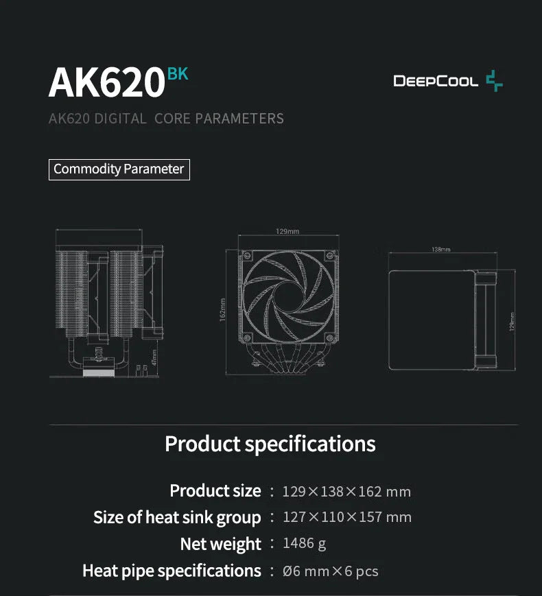 DeepCool AK620 CPU Cooler - Digital Display, 6 Heat Pipes, Twin Towers Radiator for LGA 2066, 2011, 1700, 1200, 115X, AM5 & AM4