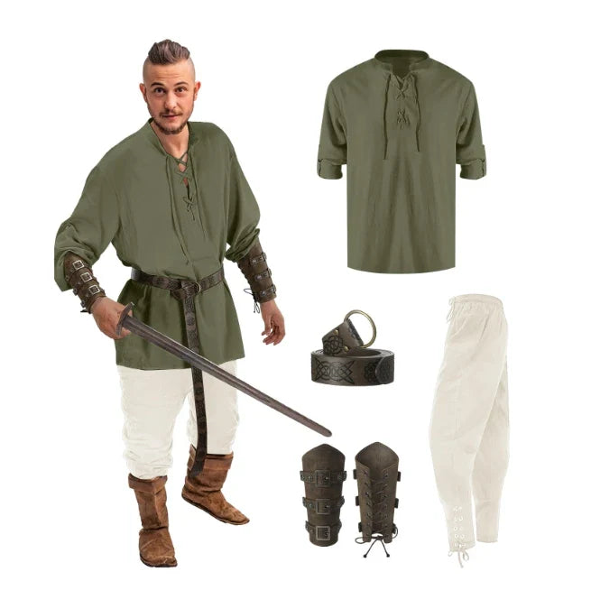 Jiuguva 4-Pcs Halloween Men's Renaissance Costume Set – Medieval Pirate Shirt, Ankle Banded Pants & Viking Belt Accessories