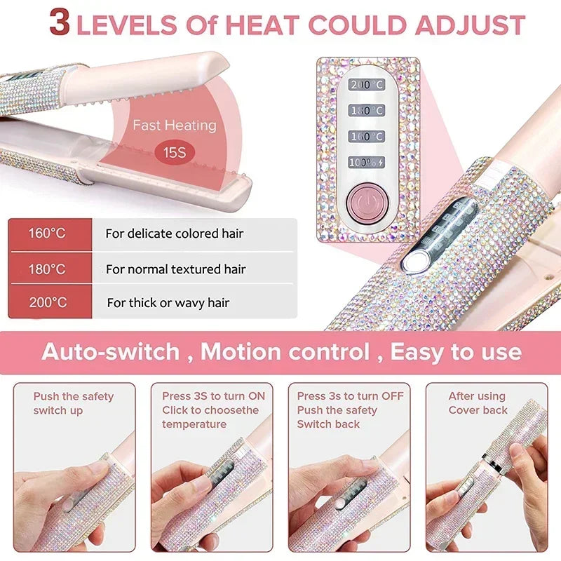 2-in-1 Wireless Hair Straightener & Curler – USB Rechargeable Diamond Design Styling Brush for Travel & Home