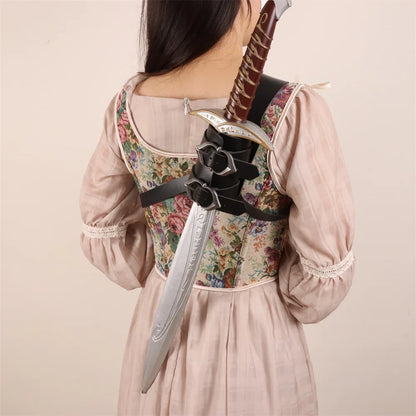 Medieval Sword Shoulder Double Back Scabbard - PU Leather Rapier Sheath with Buckle Strap for Viking Knight Cosplay