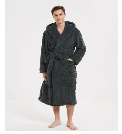 Men’s Fall & Winter Warm Hooded Robe – Thickened Cotton Velvet Jacquard Homewear for Couples