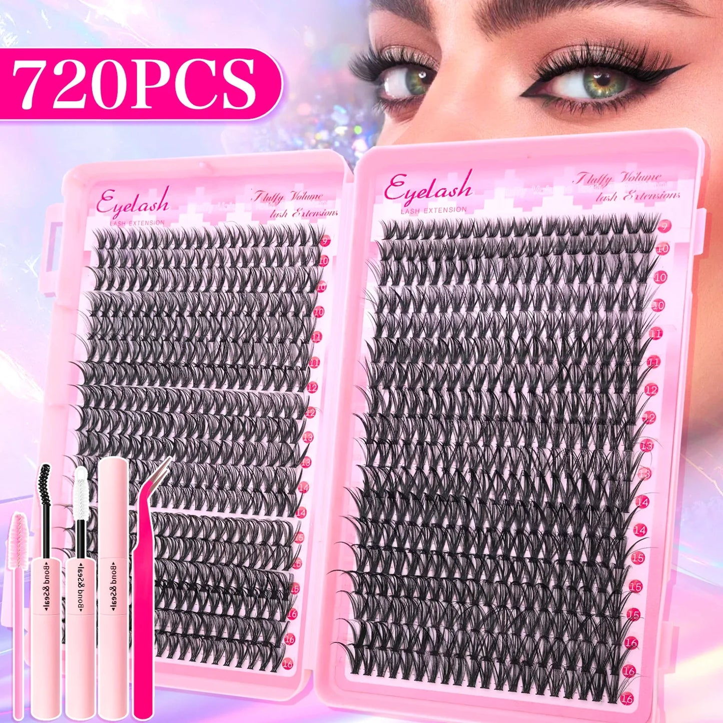 720/200pcs Eyelash Extension Kit – Fluffy Wispy Lash Clusters with Bond & Seal, Tweezers & Tools for Thick Volume DIY Lash Extensions