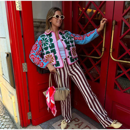 2025 Women’s Printed Quilted Padded Jacket – Collared Cotton Coat with Contrast Piped Pockets, Casual Autumn Outerwear