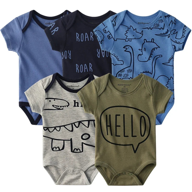 5PCS Newborn Baby Bodysuit Set - Soft Cotton Unisex Baby Clothes with Cartoon Print for Boys & Girls