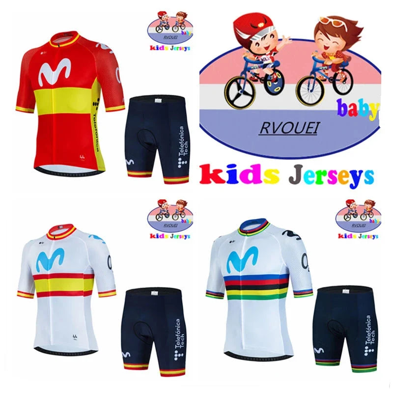 Kids Cycling Jersey Set - Baby Movistar Team Style Road Bike Shirt and Pants Suit for Boys and Girls MTB Riding