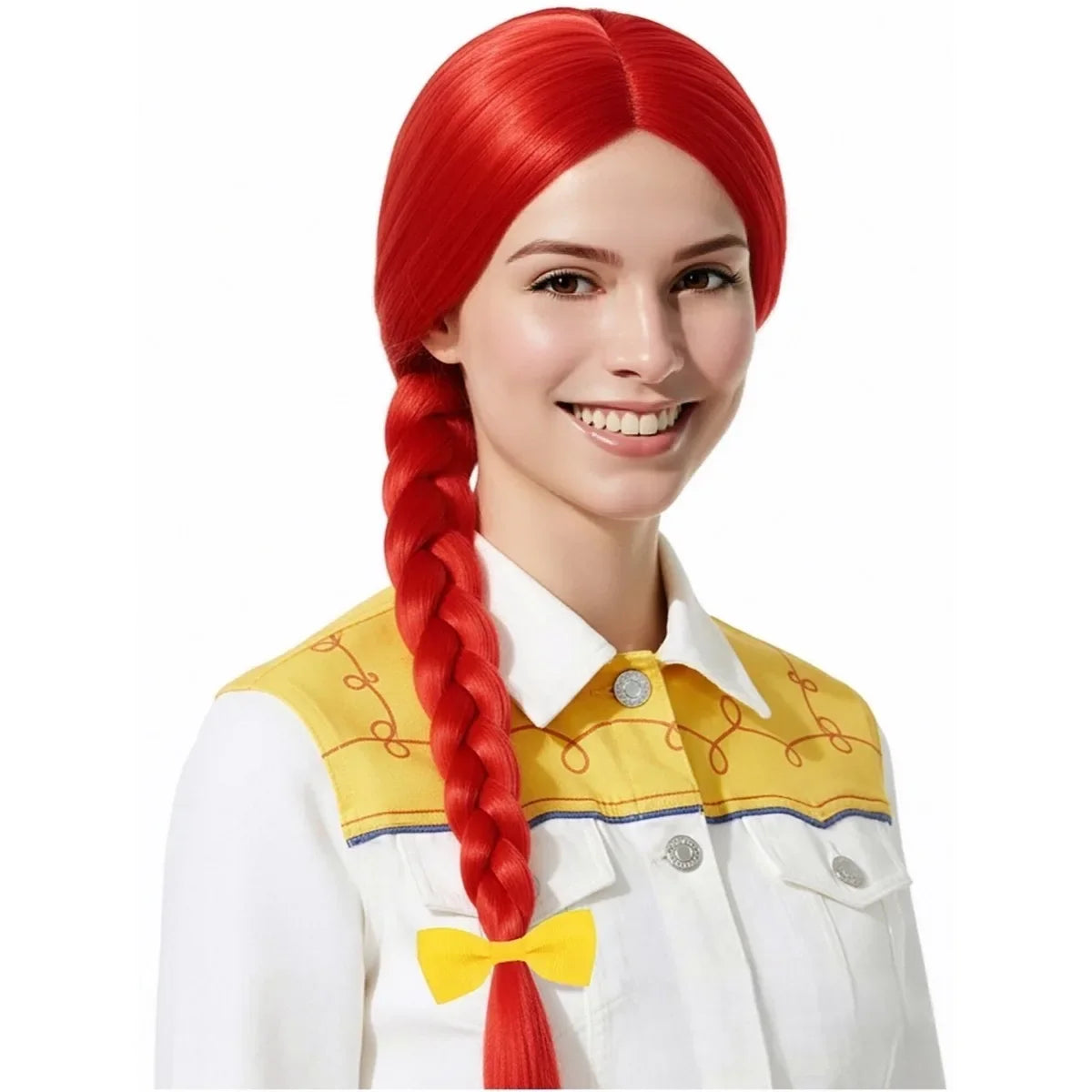 Red Long Straight Wig with Braided Ponytail - Yellow Bow Synthetic Cosplay Hair