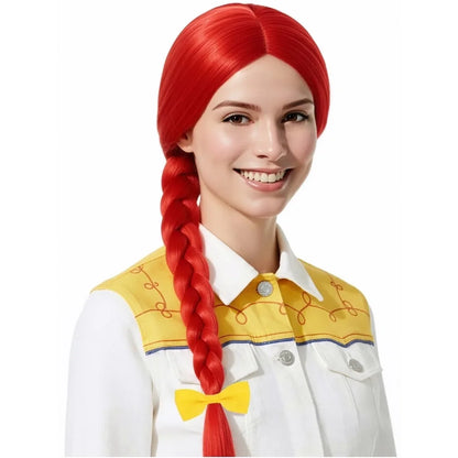 Red Long Straight Wig with Braided Ponytail - Yellow Bow Synthetic Cosplay Hair