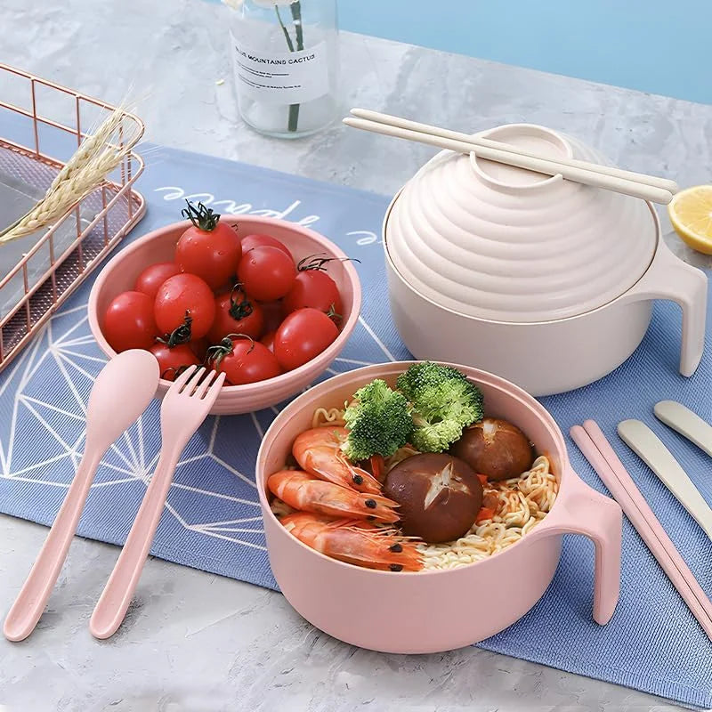 Ramen Bowl Set - Microwavable Noodle Cooker Bowl with Lid, Chopsticks & Kitchen Dining Accessories