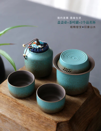 Kiln-Change Vintage Spring Green Pottery Tea Set – 1 Pot & 4 Cups, Simple Small Set for Outdoor or Tea Room