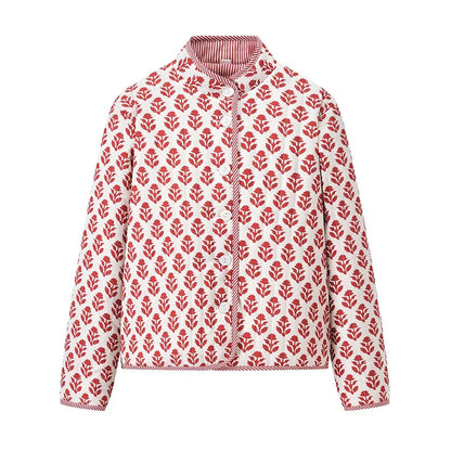2025 Women’s Printed Quilted Padded Jacket – Collared Cotton Coat with Contrast Piped Pockets, Casual Autumn Outerwear