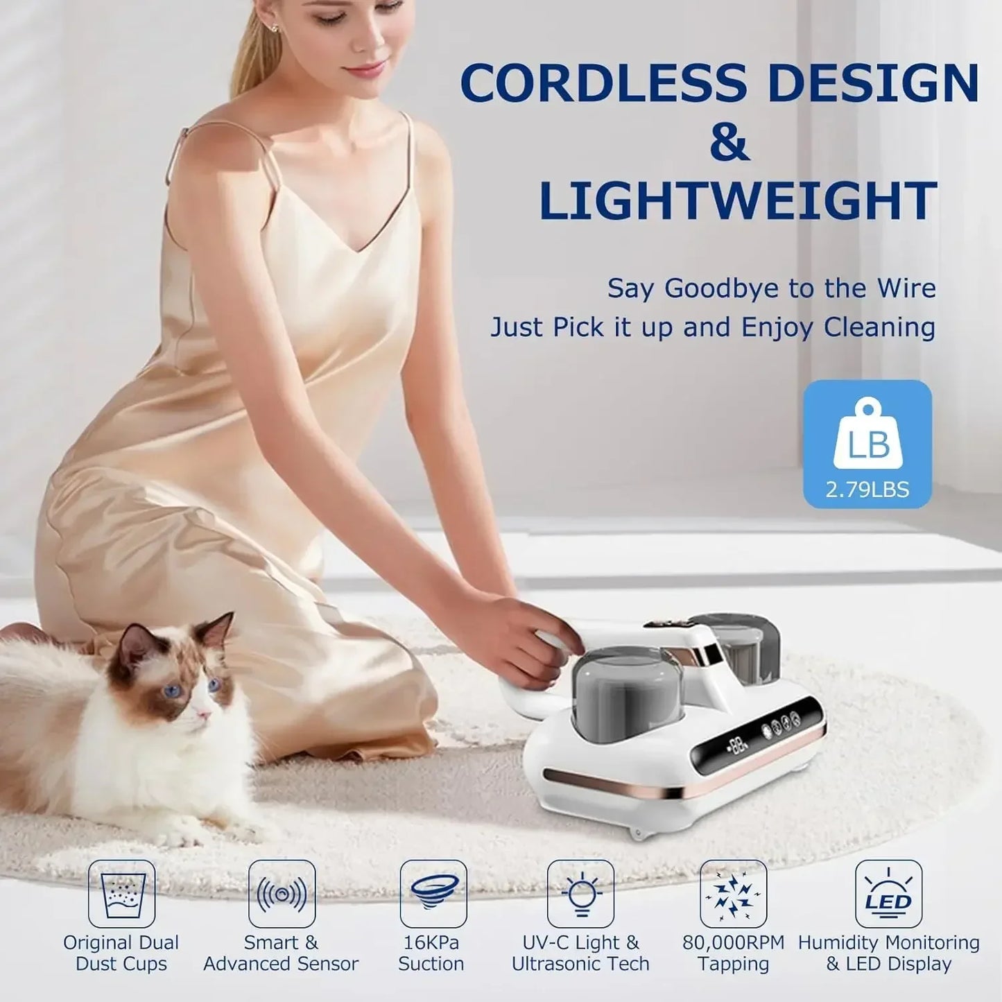 Cordless Handheld Mattress Vacuum Cleaner – 16Kpa Powerful Suction with UV-C Light & Ultrasonic for Sofa & Sheet Cleaning