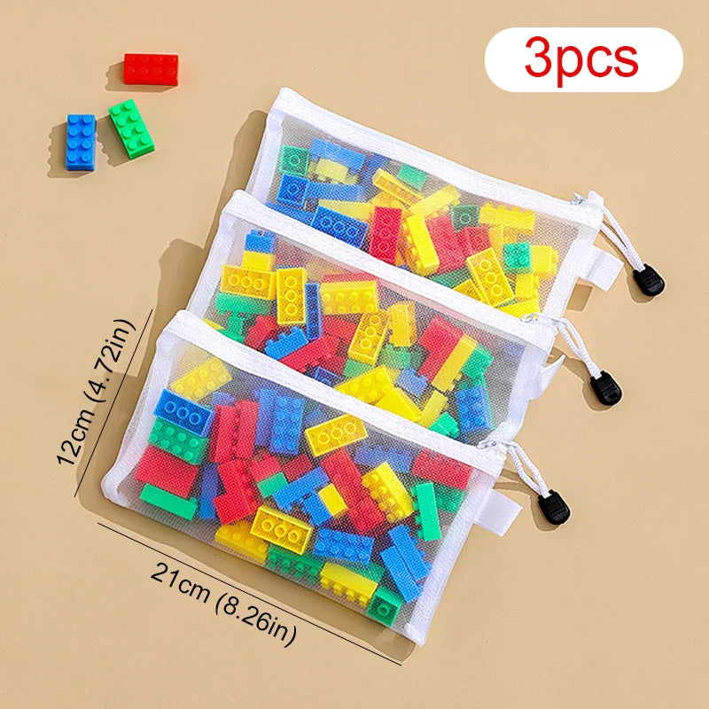 Children’s Puzzle & Building Block Storage Bag – Transparent Mesh Zipper Organizer for Toys, Cosmetics & Household Items