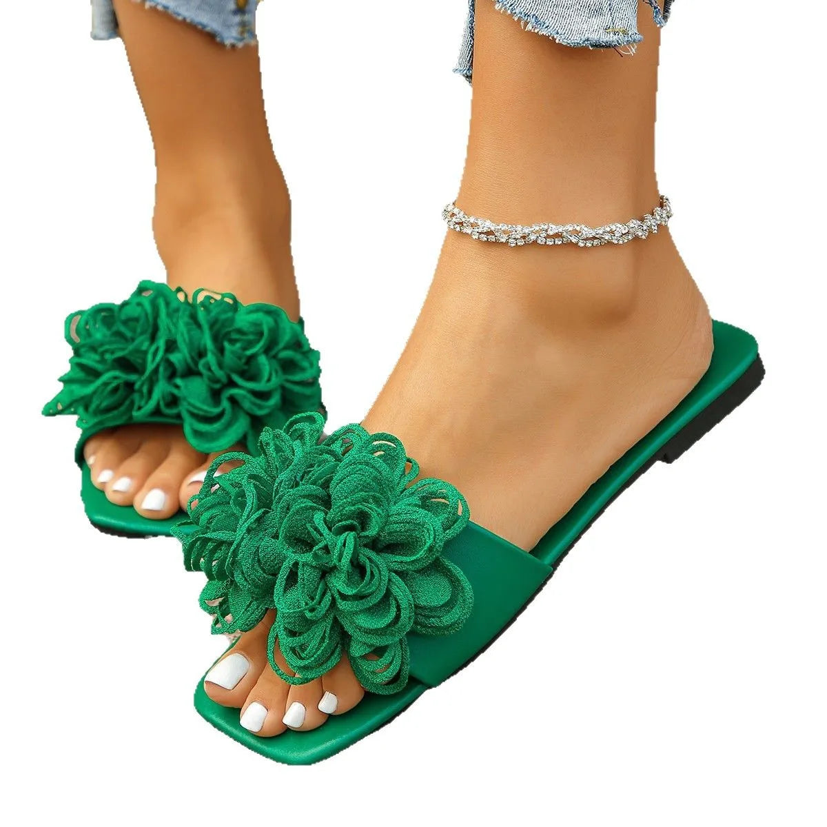 Women’s Crochet Flower Slide Sandals - Colorful Floral Slip-On Mules for Summer