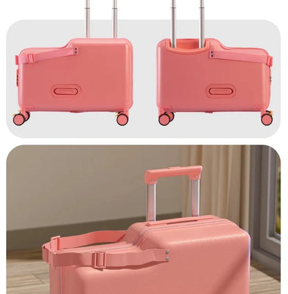 18-Inch Foldable Kids Suitcase with Seat – Lightweight PC Luggage for Boys & Girls, Compact Travel Pedal Boarding Case