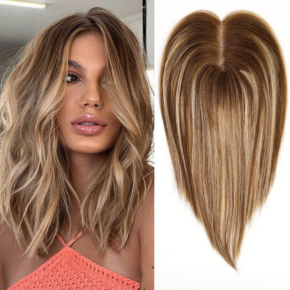 Ash Gray Brown 100% Remy Human Hair Toppers – Clips-In Lace Base Topper Hairpieces for Women, 12-inch Straight Hair Extensions