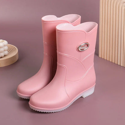 Women’s Fashion Mid-Tube Rain Boots – Wear-Resistant, Waterproof Rubber Shoes with Thick Sole, Non-Slip & Cotton Lining