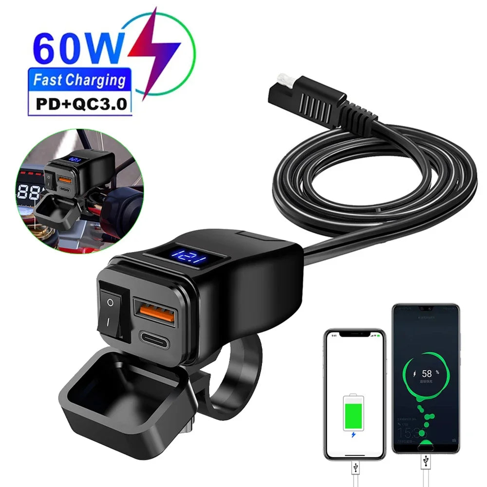 PD QC3.0 Motorcycle USB Fast Charger 60W – Dual USB Handlebar Socket with Switch & Voltmeter Waterproof 12V Power Adapter