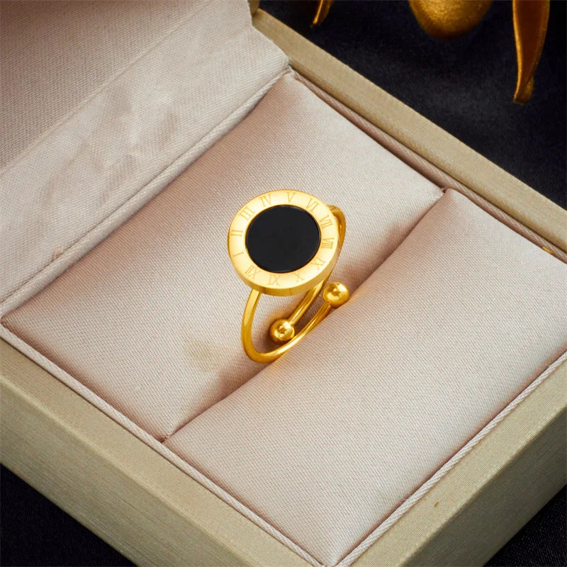 RAKOL 316L Stainless Steel Roman Numeral Ring – Black Shell Adjustable Zircon Tail Ring for Women, Fashion Jewelry