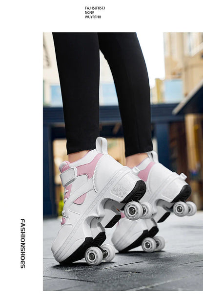 Women's High-Top 4-Wheel Roller Shoes – Fashionable Unisex Pop-Up Sneakers with Wheels, Dual-Purpose Skating & Casual Shoes