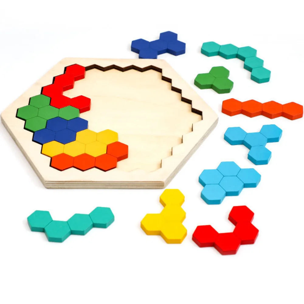 Hexagonal Wooden Puzzles – IQ Brain Teaser Game, Educational Tangram Toy for Kids & Adults, Montessori Gift for Cognitive Development