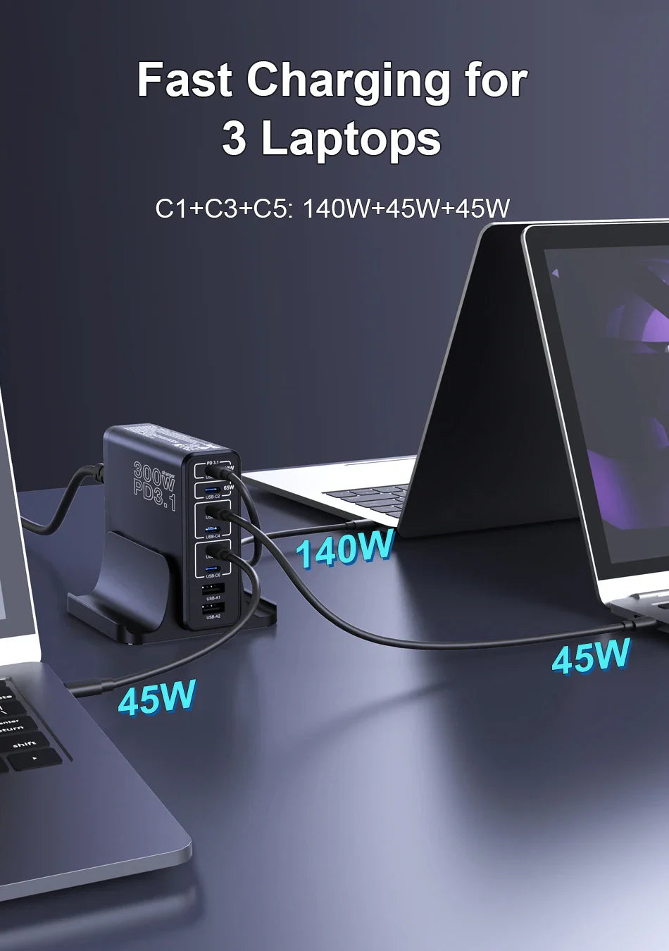 Ubigbuy 300W Multi-Port GaN Charger - USB-C 140W PD 3.1 & PPS 100W Charging Station for MacBook Pro M2, iPhone 15/14, Galaxy