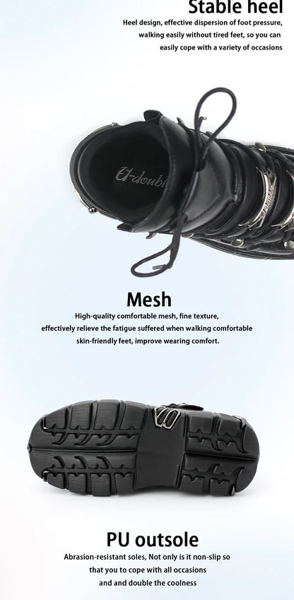New 2024 Punk Style Women's Platform Shoes – 6CM Lace-Up Rock Boots with Metal Decor