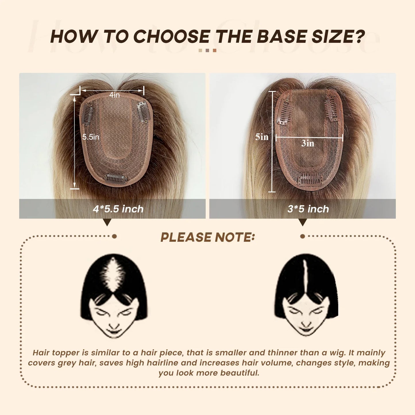 Brown Blonde Ombre Human Hair Toppers for Women – 10/12/14 Inches with Silk Base, Clips, and Bangs