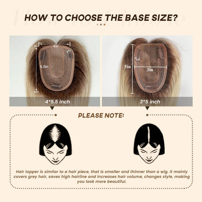 Brown Blonde Ombre Human Hair Toppers for Women – 10/12/14 Inches with Silk Base, Clips, and Bangs