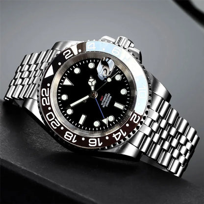 Tandorio 40mm Men’s Automatic Watch – NH34A Movement, GMT Function, Luminous Black Dial, Sapphire Crystal, Auto Date & Rotating Bezel