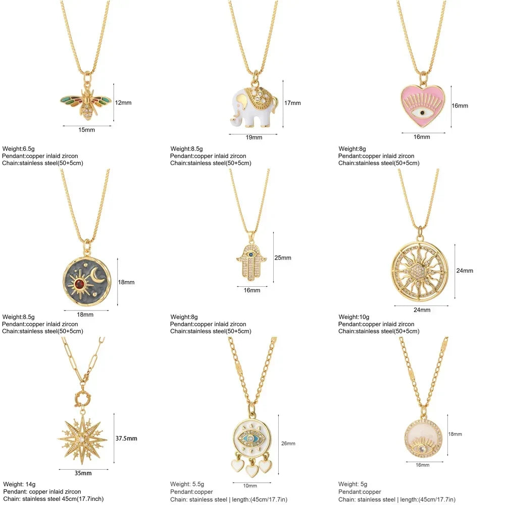 Heart Evil Blue Eye Sun Necklace – Cute Dog, Bee & Elephant Gold Pendant with Long Stainless Steel Chain for Women