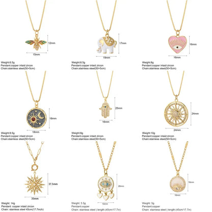 Heart Evil Blue Eye Sun Necklace – Cute Dog, Bee & Elephant Gold Pendant with Long Stainless Steel Chain for Women